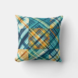 Blauwgele geblokte plaid kussen