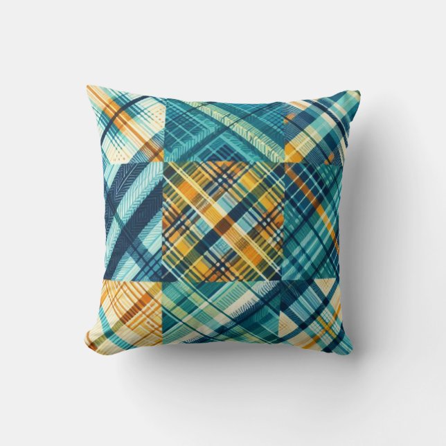 Blauwgele geblokte plaid kussen (Voorkant)