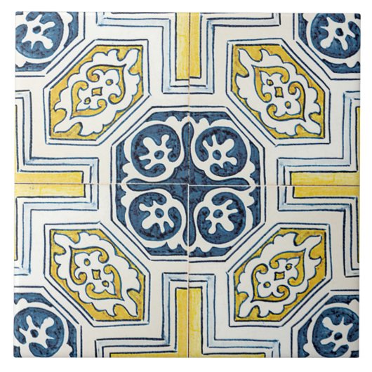 Blauwgele geometrische  kunst tegeltje (Voorkant)