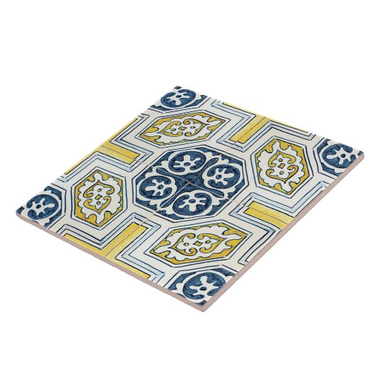 Blauwgele geometrische  kunst tegeltje (Zijkant)