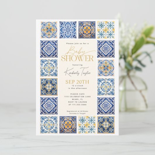 Blauwgele Tegels Italiaans Baby shower Kaart (Staand voorkant)