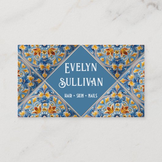 Blauwgele tegels visitekaartje (Voorkant)