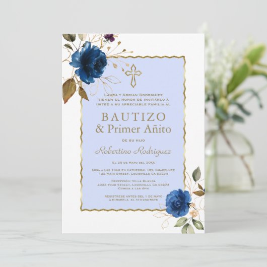 Blauwgoud Floral Spaans 1e verjaardag & Baptisme Kaart (Staand voorkant)