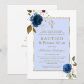 Blauwgoud Floral Spaans 1e verjaardag & Baptisme Kaart (Voorkant / Achterkant)