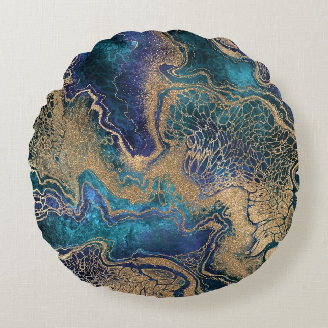 Blauwgouden marmering: abstracte achtergrond. rond kussen (Voorkant)
