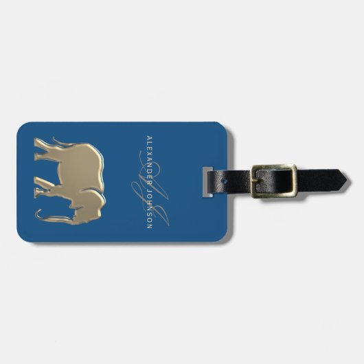 Blauwgouden olifant monogram bagagelabel (Voorkant horizontaal)