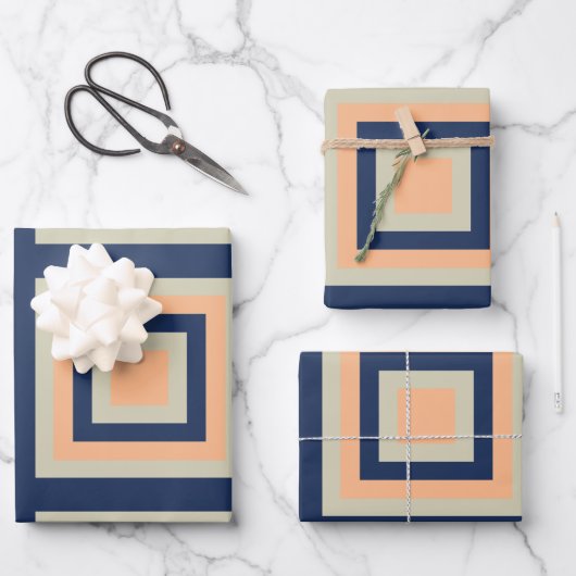 Blauwgrijs Oranje geometrisch vierkantspatroon Inpakpapier Vel (Voorkant)