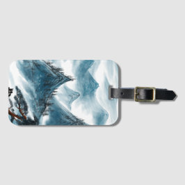 Blauwgrijze artistieke bergen die Chinoiserie schi Bagagelabel