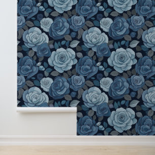 Blauwgrijze bloemen Rozen Behang