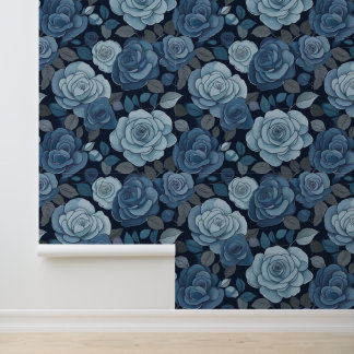 Blauwgrijze bloemen Rozen Behang