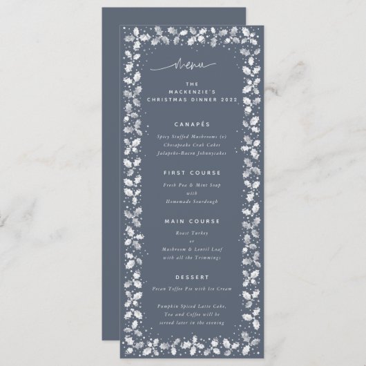 Blauwgrijze Hand Gedrukt Holly+Bessen Kerstmis Menu (Voorkant / Achterkant)