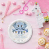 Blauwgrijze olifant baby shower papieren bordje (Feest)