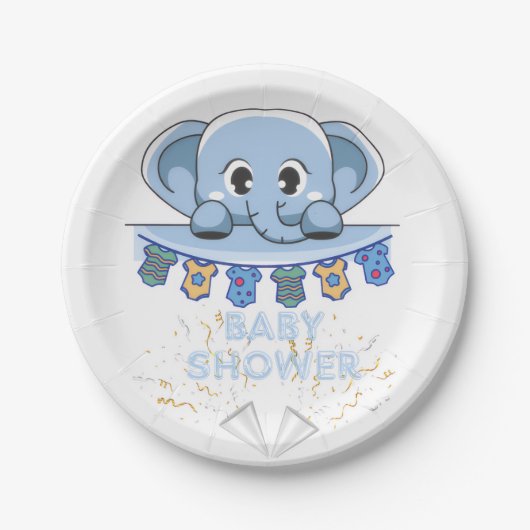 Blauwgrijze olifant baby shower papieren bordje (Voorkant)