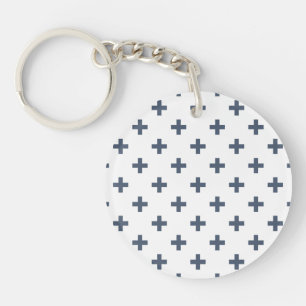 Blauwgrijze polka kruist wit sleutelhanger