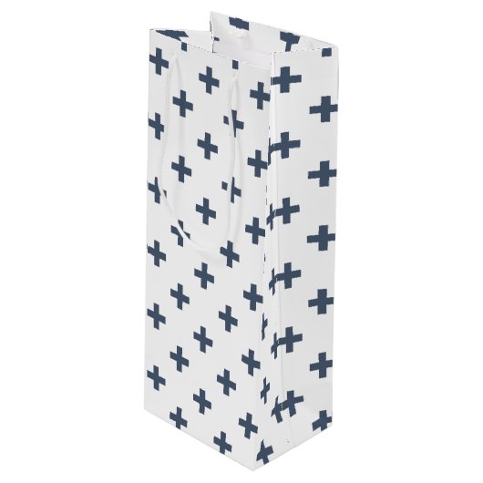 Blauwgrijze polka kruist wit wijn cadeautas (Voorkant Gekanteld)