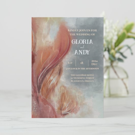 Blauwgrijze Waterverf en rode goudvis bruiloft Kaart (Staand voorkant)