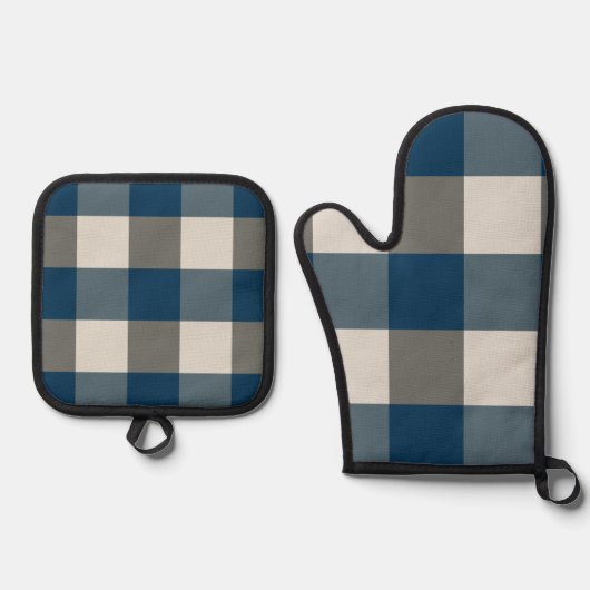 Blauwgrijze witte buffelcheque ovenwant & pannenlap set (Voorkant)