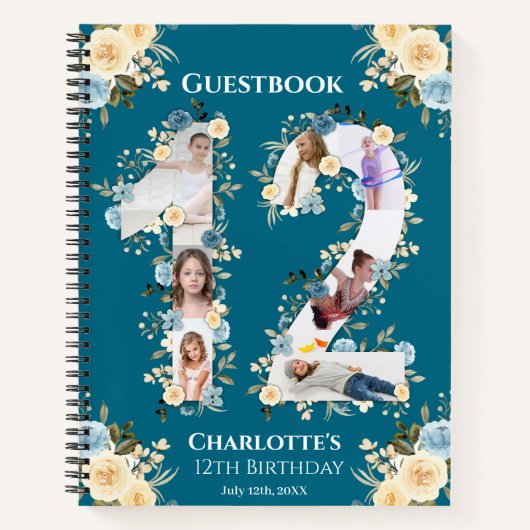 Blauwgroen 12e verjaardag Foto Geel Vloergastboek Notitieboek (Voorkant)