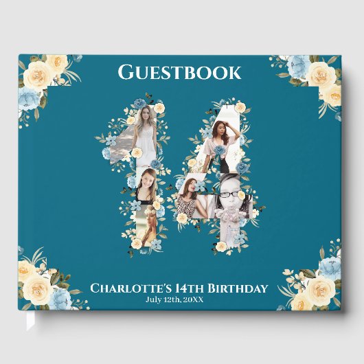 Blauwgroen 14e verjaardag Foto Collage Yellow Flow Gastenboek (Voorkant)