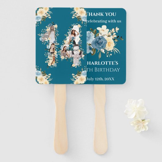 Blauwgroen 14e verjaardag Foto Collage Yellow Flow Handwaaier (Voorkant en achterkant)