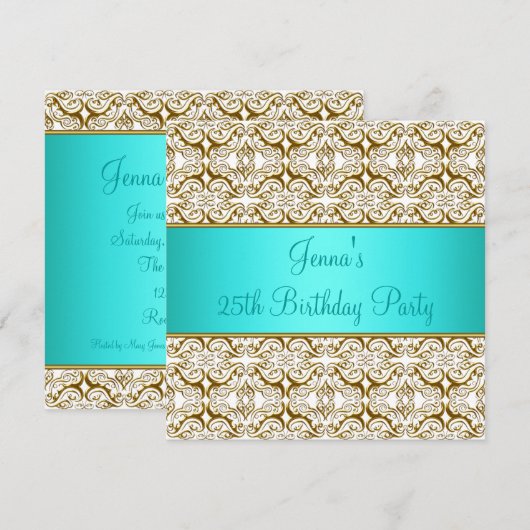 Blauwgroen 25e verjaardagsfeestuitnodiging Blauwgr Kaart (Voorkant / Achterkant)