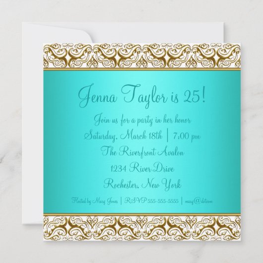 Blauwgroen 25e verjaardagsfeestuitnodiging Blauwgr Kaart (Achterkant)