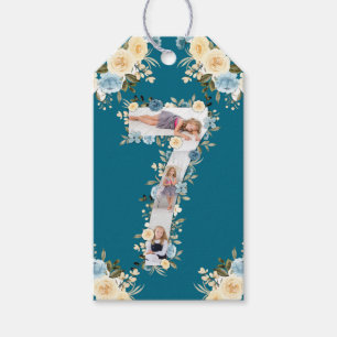 Blauwgroen 7e verjaardag Foto Collage Blue Yellow  Cadeaulabel