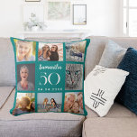 Blauwgroen aangepaste fotocollage verjaardag kussen<br><div class="desc">Een uniek cadeau voor een 21e verjaardag,  het vieren van haar leven met een collage van 8 van uw eigen foto's,  afbeeldingen. Personaliseer en voeg haar naam,  leeftijd en datum toe. Een blauwgroen achtergrondkleur,  witte tekst. De naam is geschreven met een modern handschrift.</div>