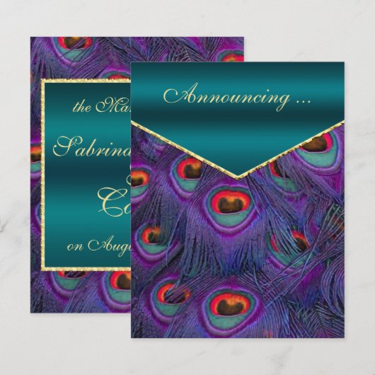 Blauwgroen aankondiging van Plum Peacock Wedding (Voorkant / Achterkant)