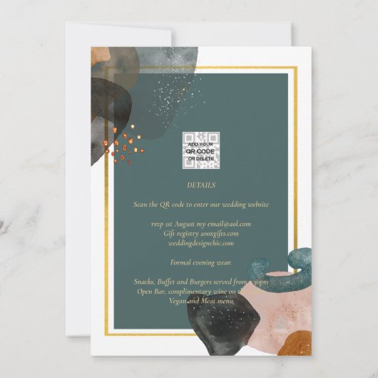 Blauwgroen AARDE TONEN WEDDING INVITE QR Code Kaart (Achterkant)