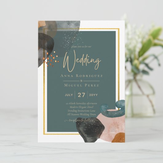 Blauwgroen AARDE TONEN WEDDING INVITE QR Code Kaart (Staand voorkant)