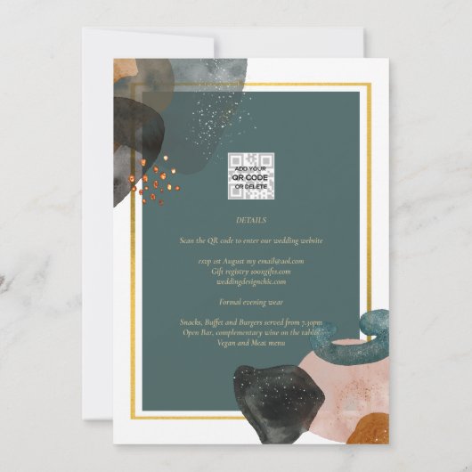 Blauwgroen AARDE TONEN WEDDING INVITE QR Code Kaart (Achterkant)