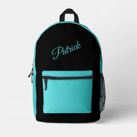 Blauwgroen ab zwart met naam bedrukte rugzak (Voorkant)