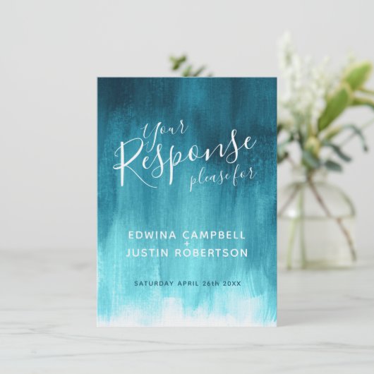 Blauwgroen abstract modern antwoord op het huwelij kaart (Staand voorkant)