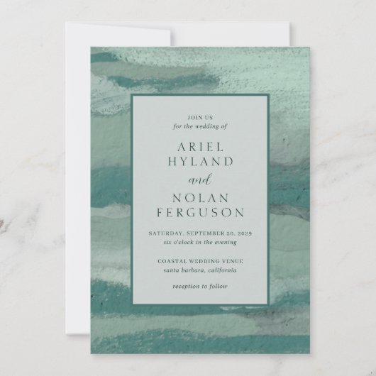Blauwgroen abstracte kust chique moderne bruiloft kaart (Voorkant)