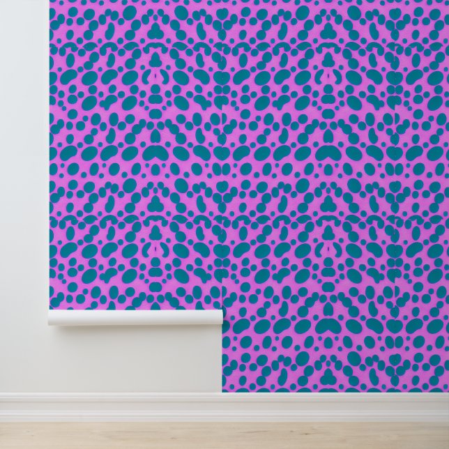 Blauwgroen Abstracte Stippen op roze achtergrond Behang (Applicatie)