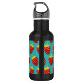 Blauwgroen achtergrond rode aardbeienpatroon waterfles  (Achterkant)