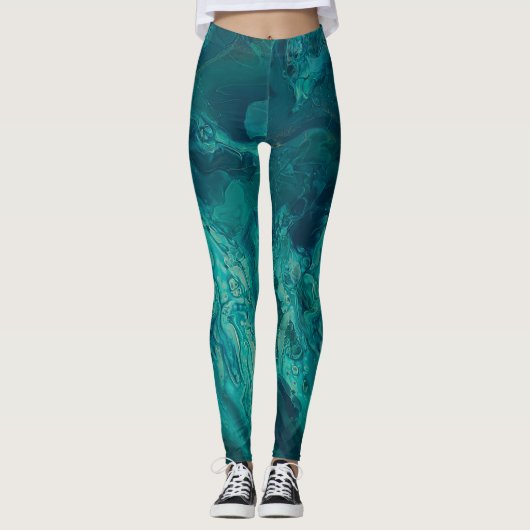 Blauwgroen acrylvezel Abstracte vloeisel Leggings (Voorkant)