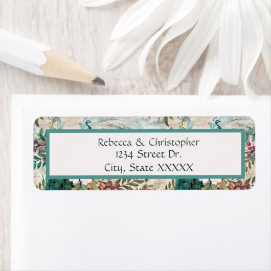 Blauwgroen Adresetiketten voor pacocks en bloemen Etiket (Insitu)