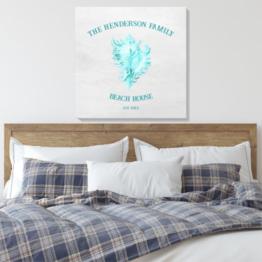 Blauwgroen afdruk van conch Shell Canvas (Insitu (Slaapkamer))