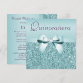 Blauwgroen afgedrukte reeksen & Bow Quinceanera Kaart (Voorkant / Achterkant)