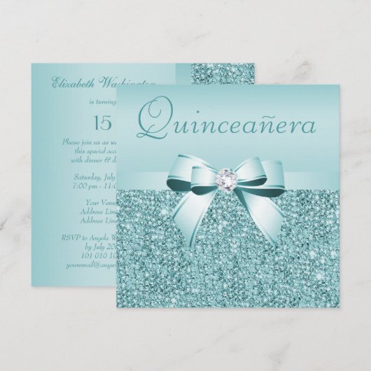 Blauwgroen afgedrukte reeksen & Bow Quinceanera Kaart (Voorkant / Achterkant)