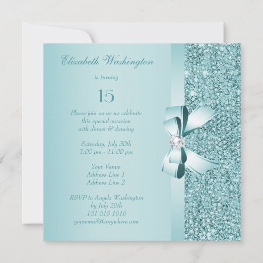 Blauwgroen afgedrukte reeksen & Bow Quinceanera Kaart (Achterkant)