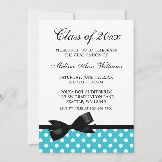 Blauwgroen Afstuderen Polka Dot Black Bow kondigin Kaart (Voorkant)