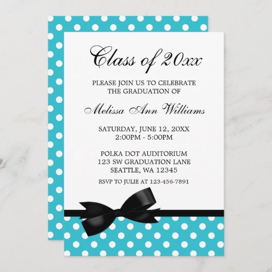 Blauwgroen Afstuderen Polka Dot Black Bow kondigin Kaart (Voorkant / Achterkant)