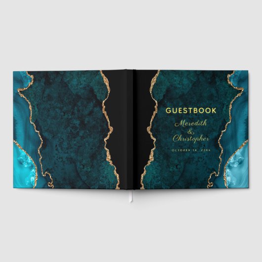 Blauwgroen agaat bruiloft goud gastenboek (Volledig)