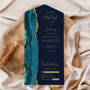 Blauwgroen Agaat Gold Navy Blue Wedding All In One Uitnodiging
