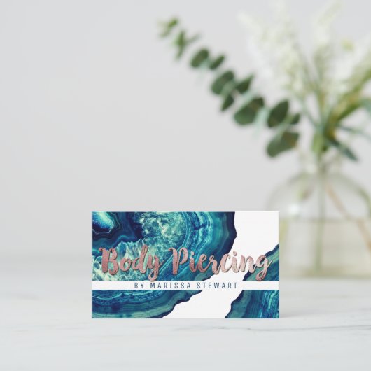 Blauwgroen Agate Geode Stone Roos Gold Body Pierci Visitekaartje (Staand voorkant)