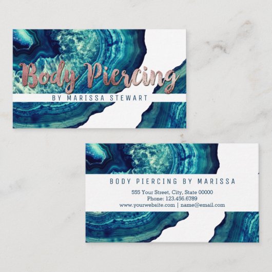 Blauwgroen Agate Geode Stone Roos Gold Body Pierci Visitekaartje (Voorkant / Achterkant)