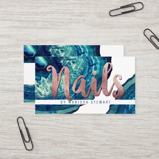 Blauwgroen Agate Geode Stone Roos Gold Nail-techni Visitekaartje (Voorkant / Achterkant in situ)